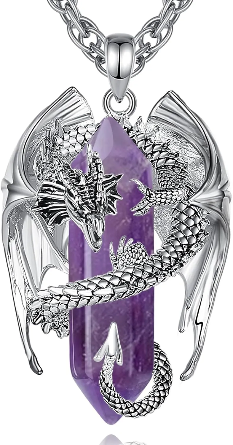 INFUSEU Dragon Necklaces with Healing Crystal Stone for Men Women, Unique Personalized Spiritual Gifts, 22 2 Inch Chain