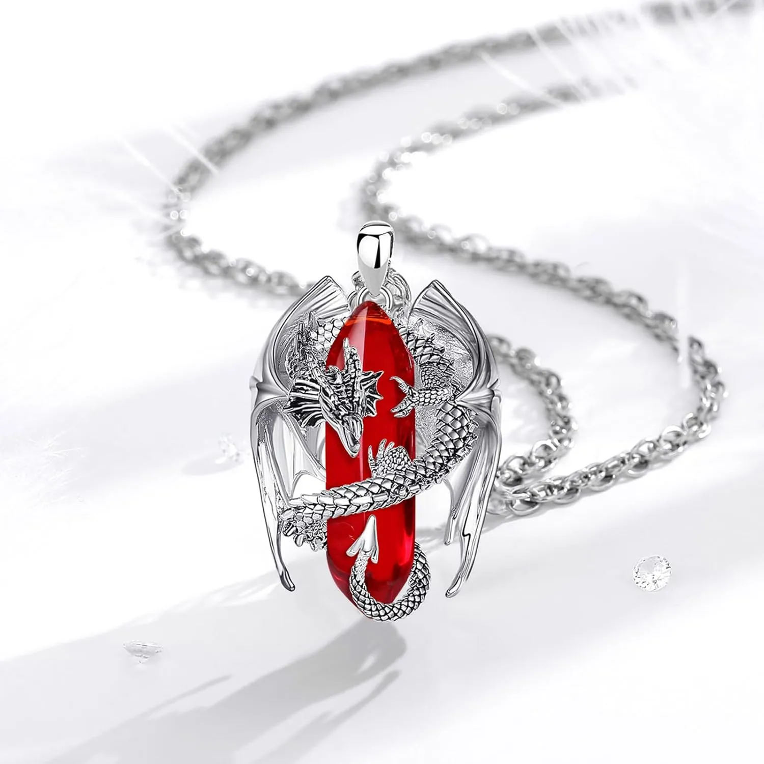 INFUSEU Dragon Necklaces with Healing Crystal Stone for Men Women, Unique Personalized Spiritual Gifts, 22 2 Inch Chain