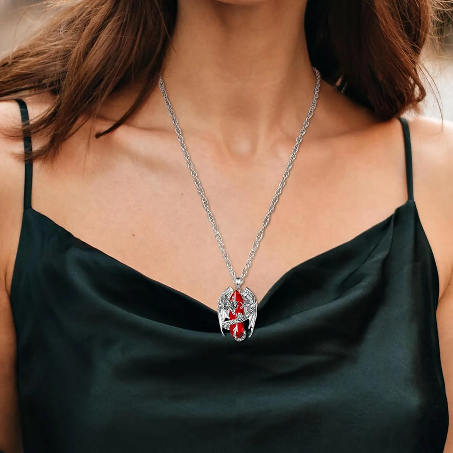 INFUSEU Dragon Necklaces with Healing Crystal Stone for Men Women, Unique Personalized Spiritual Gifts, 22 2 Inch Chain
