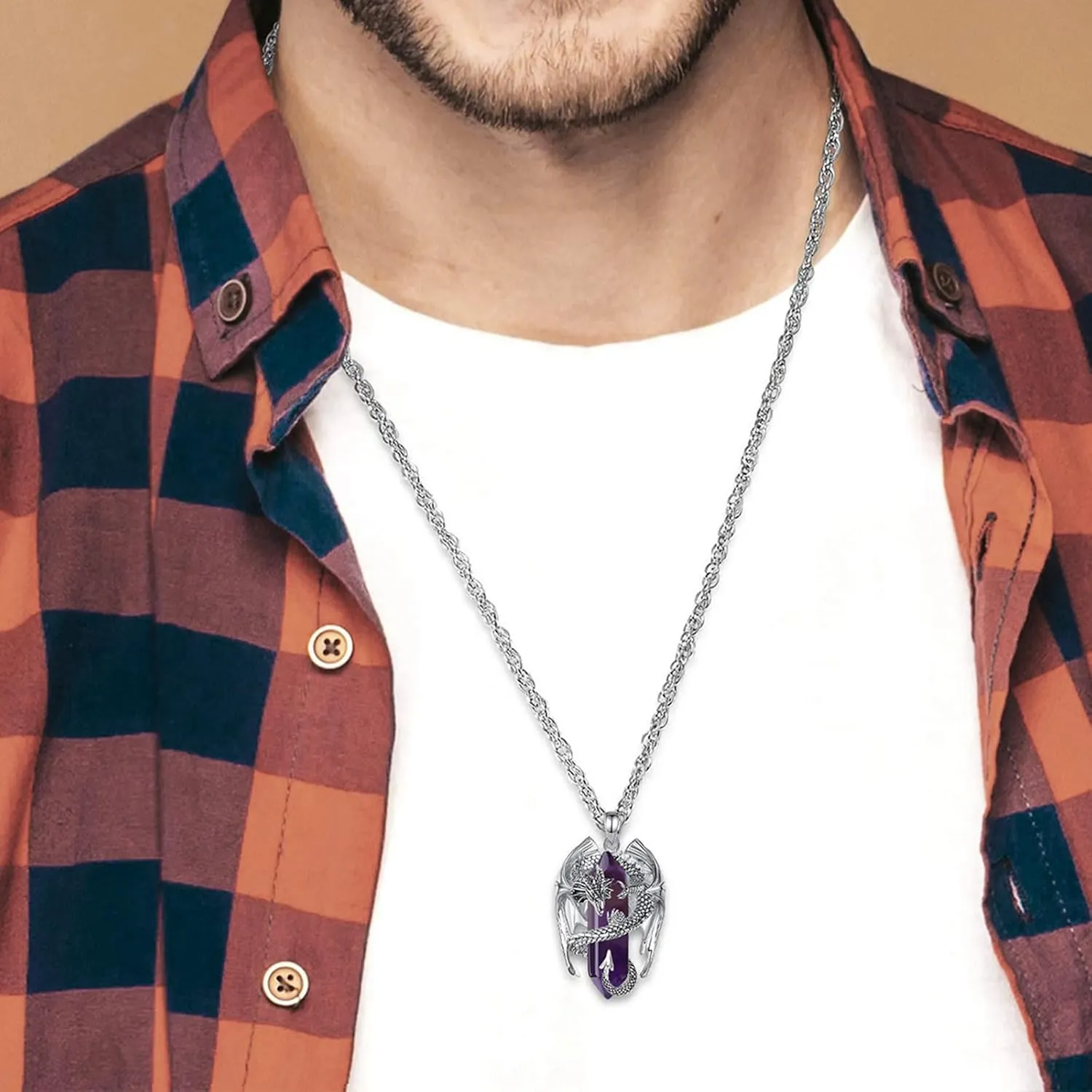INFUSEU Dragon Necklaces with Healing Crystal Stone for Men Women, Unique Personalized Spiritual Gifts, 22 2 Inch Chain