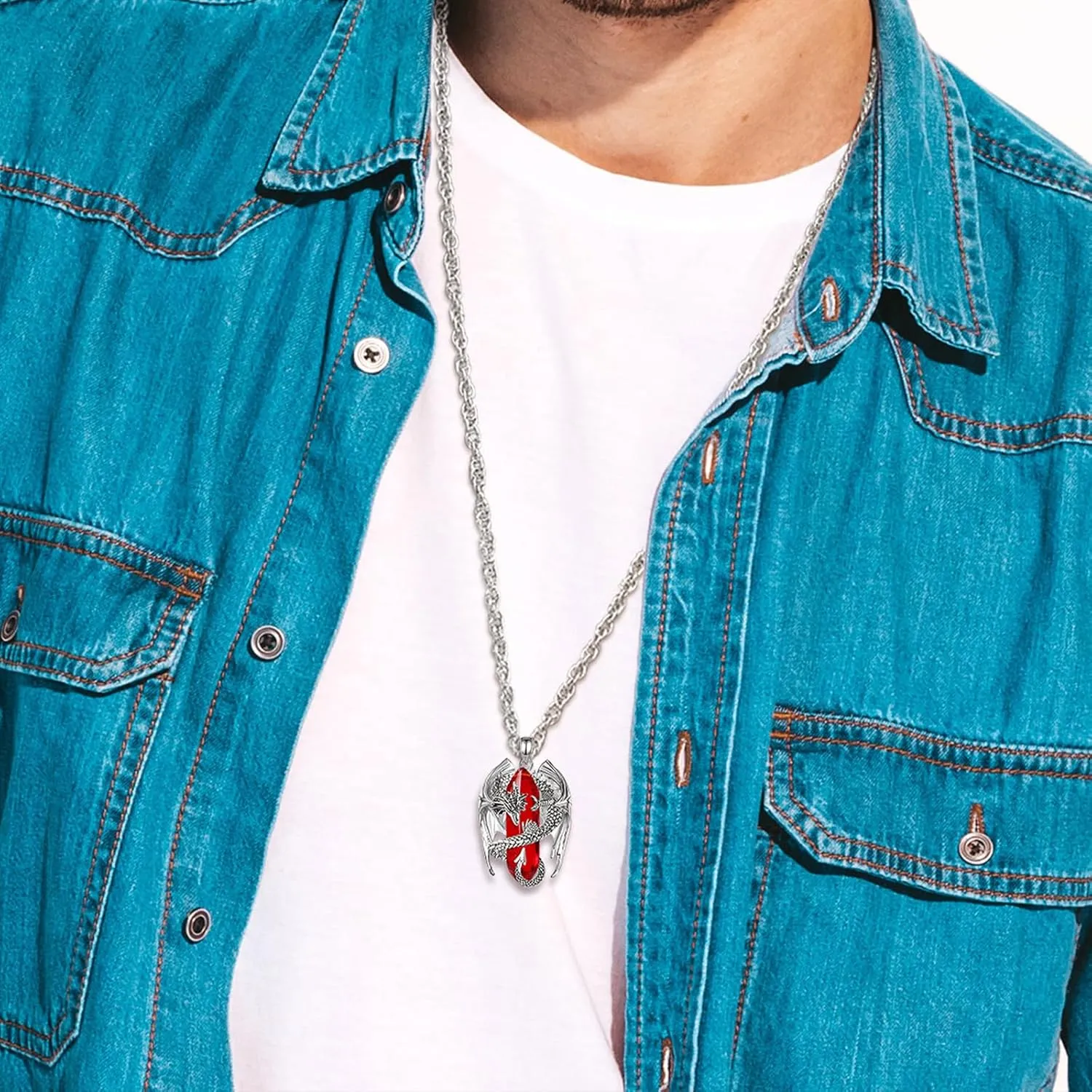 INFUSEU Dragon Necklaces with Healing Crystal Stone for Men Women, Unique Personalized Spiritual Gifts, 22 2 Inch Chain