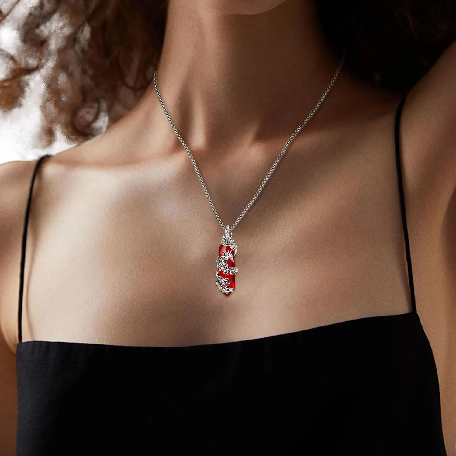 INFUSEU Elegant Phoenix Necklaces with Healing Crystal Stone for Women Men Unique Gifts, 22 2 Inch Chain