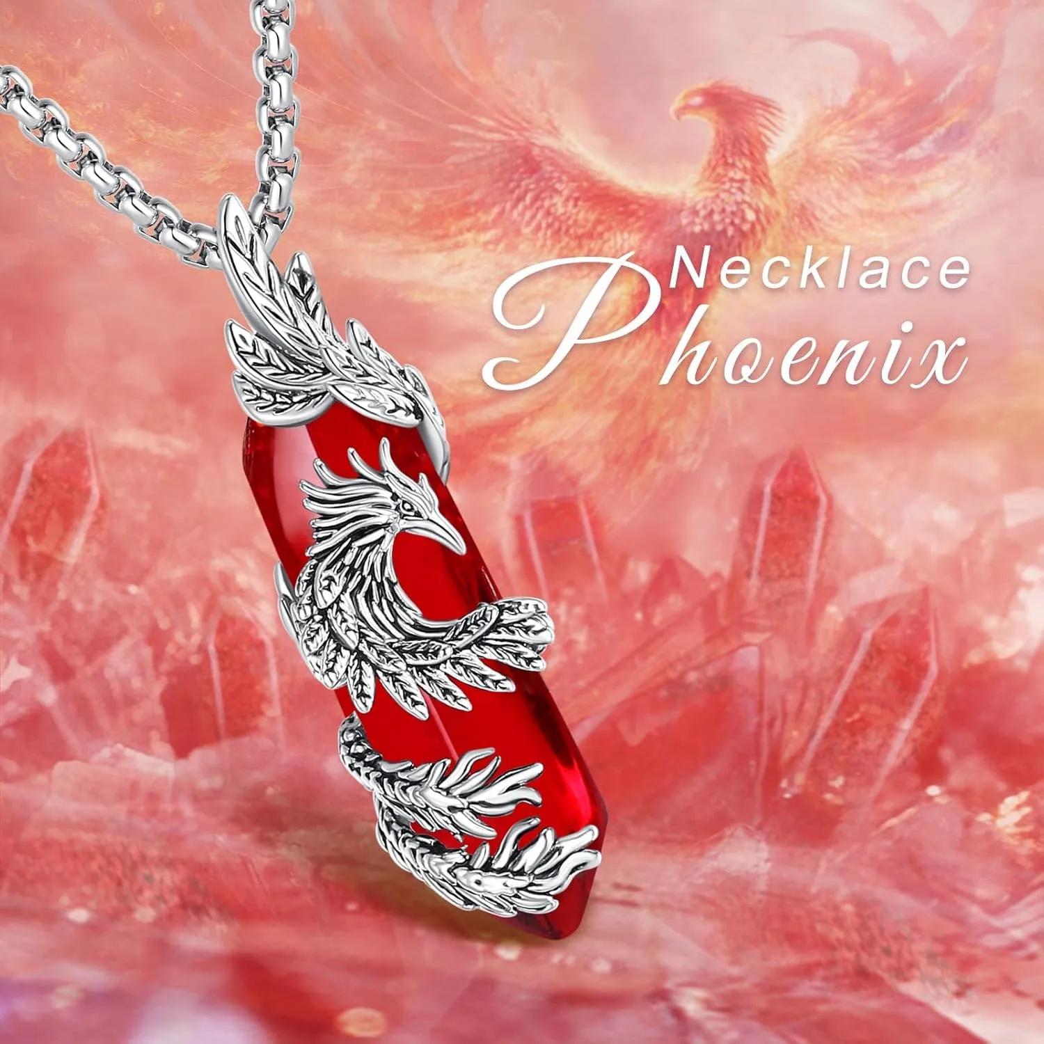 INFUSEU Elegant Phoenix Necklaces with Healing Crystal Stone for Women Men Unique Gifts, 22 2 Inch Chain