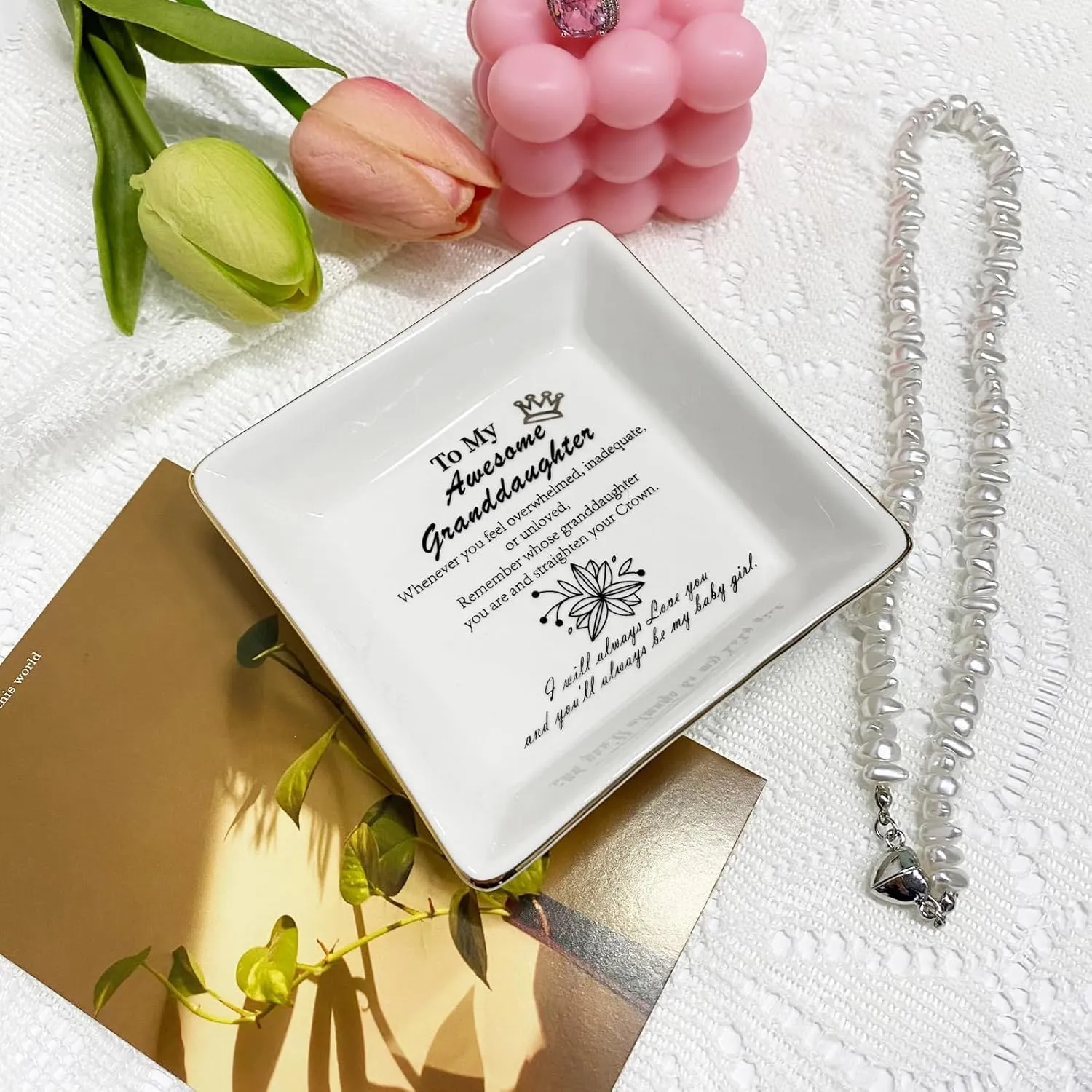 Inspirational Gifts for Granddaughter Ceramic Ring Dish Jewelry Earring Trinket Tray Christmas Birthday Gifts for Women Unique Jewelry Trinket Dish Tray Holder