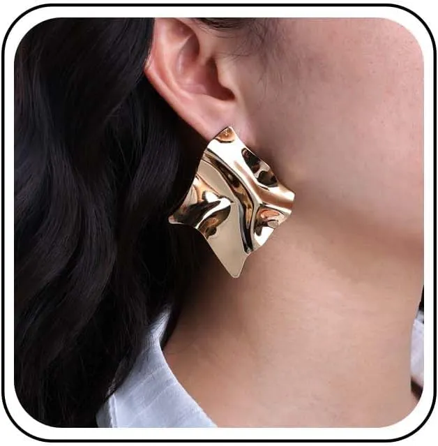 Irregular Square Earrings Statement Geometric Square Earrings Gold Texture Square Stud Earrings Metal Square Dangle Earrings Exaggerated Statement Earrings Jewelry for Women and Girls