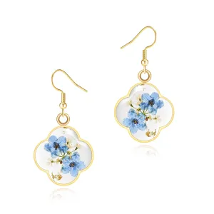 Jayden Four Leaf Clover Earrings for Women Girl - Forget-Me-Not and Queen Anne's Lace Pressed Flower Earrings,Handmade Boho Jewelry,Lucky Clover Pendant,Uniquely Suitable For Gifting | Gold
