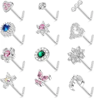 JeryWe 12Pcs Nose Studs 20g Nose Stud L Shaped Diamond CZ Nose Rings Stud for Women Surgical Steel Nose Rings Nose Screw Nose Piercing Stud Butterfly Heart Flower Nostril Jewelry Silver Rose Gold
