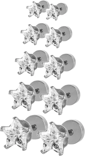 JewelrieShop Assorted Sizes Shiny Cubic Zirconia Star Front Hypoallergenic Flat Back Screw Stud Earrings