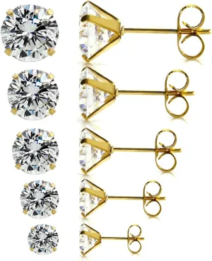 JewelrieShop Stud Earrings Hypoallergenic Cubic Zirconia Earrings Studs for Women Surgical Steel Earrings Stud Earirngs Pack for Sensitive Ears (Gold, 3-7mm, 5 Pairs)