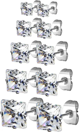 JewelrieShop Stud Earrings Surgical Steel Earrings for Sensitive Ears Stud Earrings Pack Hypoallergenic Cubic Zirconia Earrings for Women (Silver, 3-8mm, 5 Pairs / 6 Pairs / 8 Pairs)