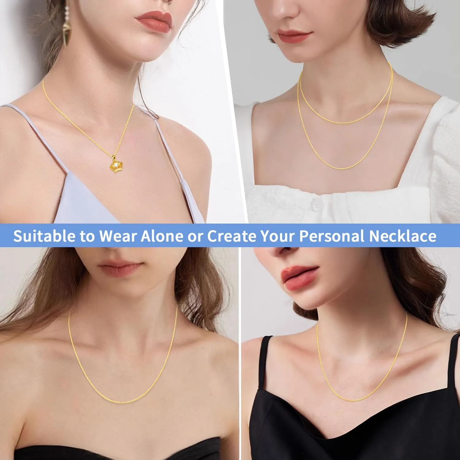 Jewlpire 1.1mm Italian Solid 24k Real Gold Over 925 Sterling Silver Chain Necklace for Women, Thin Cable Chain Shiny & Lightweight & Sturdy Women's Chain Necklaces, 16 18 20 22 24 Inch