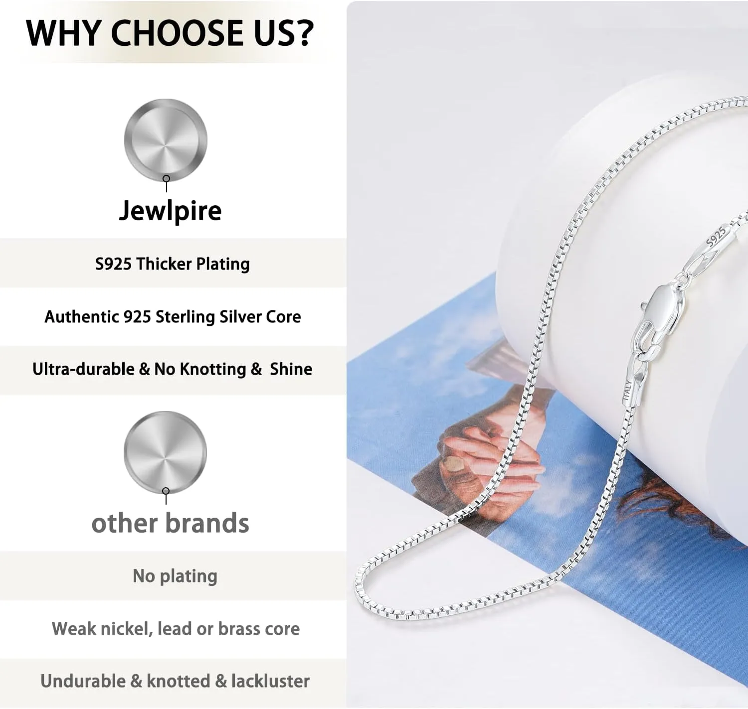 Jewlpire 18K Over Gold 925 Sterling Silver Chain Necklace for Women, 1MM Thin Box Chain Shiny & Sturdy Women's Chain Necklaces, 14 16 18 20 22 24 26 Inches