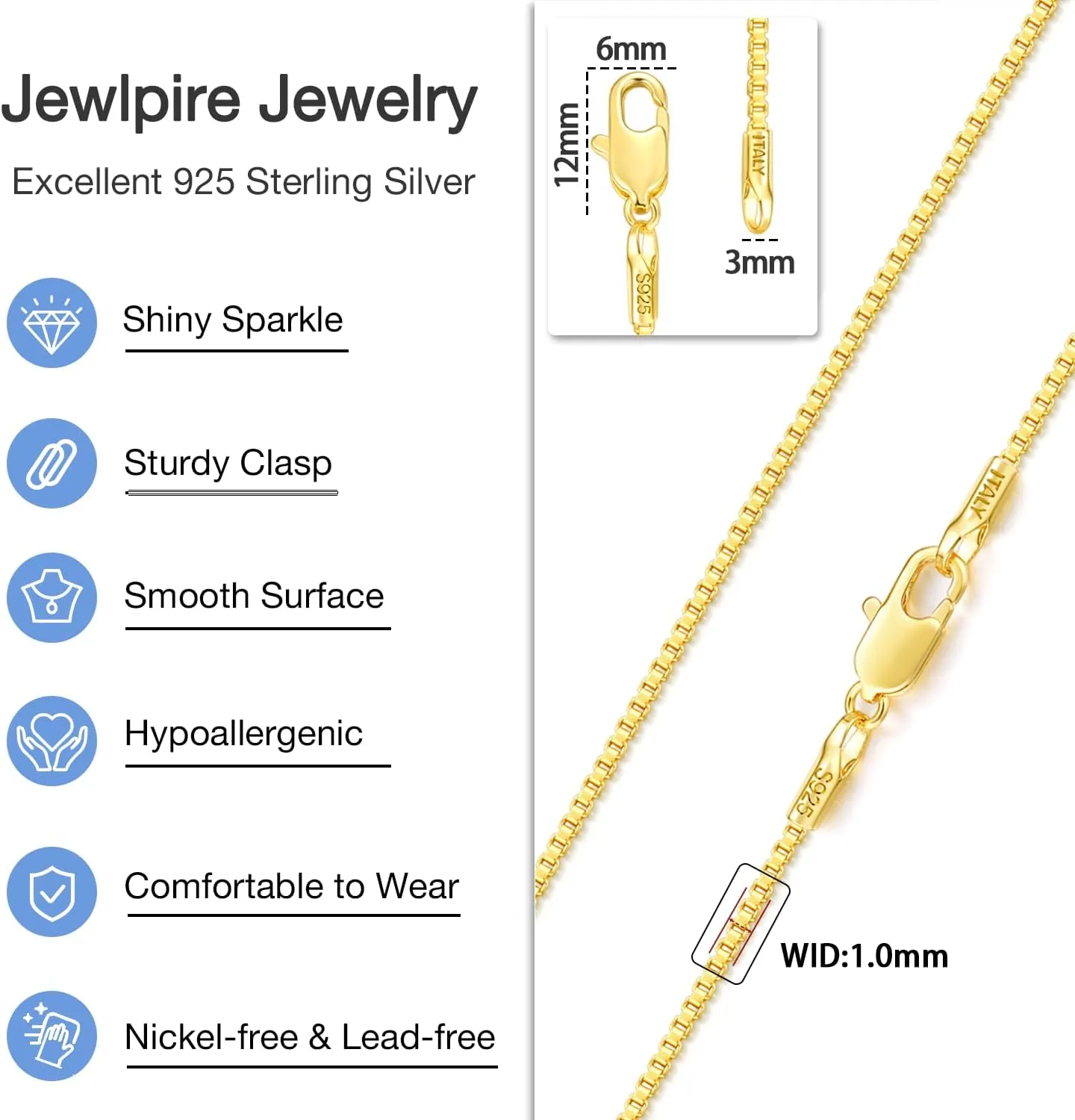 Jewlpire 18K Over Gold 925 Sterling Silver Chain Necklace for Women, 1MM Thin Box Chain Shiny & Sturdy Women's Chain Necklaces, 14 16 18 20 22 24 26 Inches