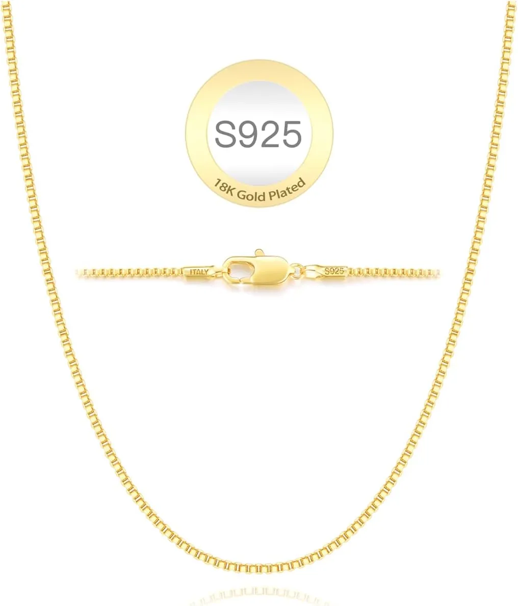 Jewlpire 18K Over Gold 925 Sterling Silver Chain Necklace for Women, 1MM Thin Box Chain Shiny & Sturdy Women's Chain Necklaces, 14 16 18 20 22 24 26 Inches