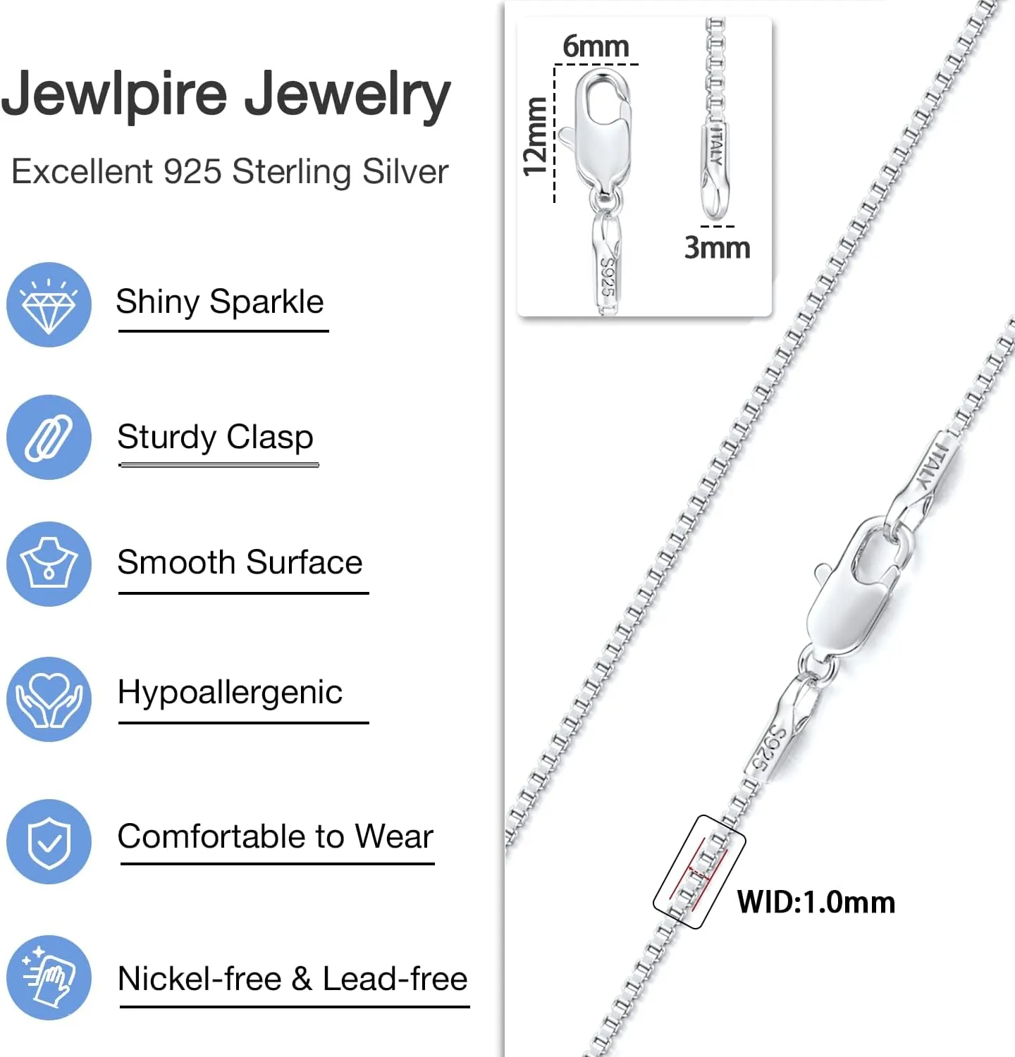 Jewlpire 18K Over Gold 925 Sterling Silver Chain Necklace for Women, 1MM Thin Box Chain Shiny & Sturdy Women's Chain Necklaces, 14 16 18 20 22 24 26 Inches