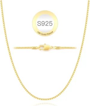 Jewlpire 18K Over Gold 925 Sterling Silver Chain Necklace for Women, 1MM Thin Box Chain Shiny & Sturdy Women's Chain Necklaces, 14 16 18 20 22 24 26 Inches