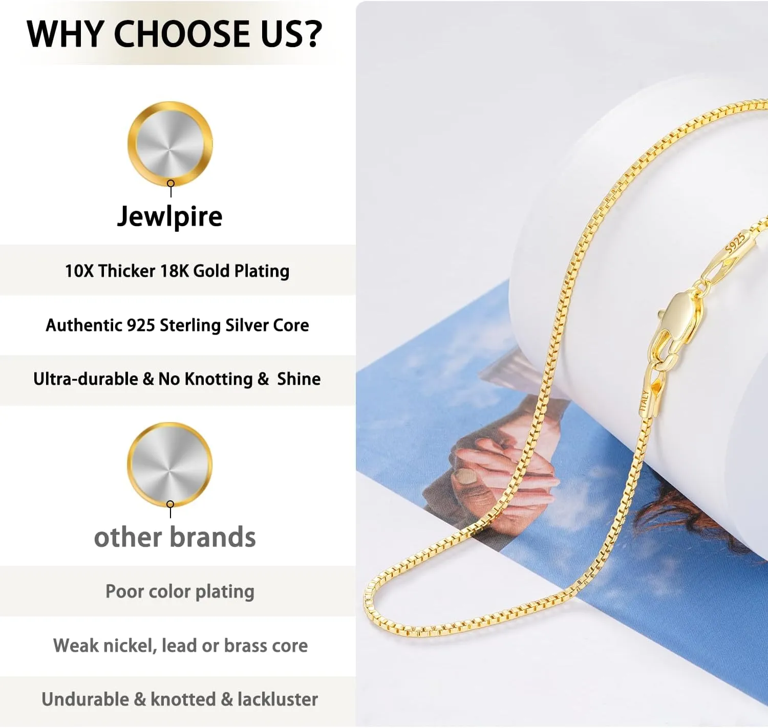 Jewlpire 18K Over Gold 925 Sterling Silver Chain Necklace for Women, 1MM Thin Box Chain Shiny & Sturdy Women's Chain Necklaces, 14 16 18 20 22 24 26 Inches