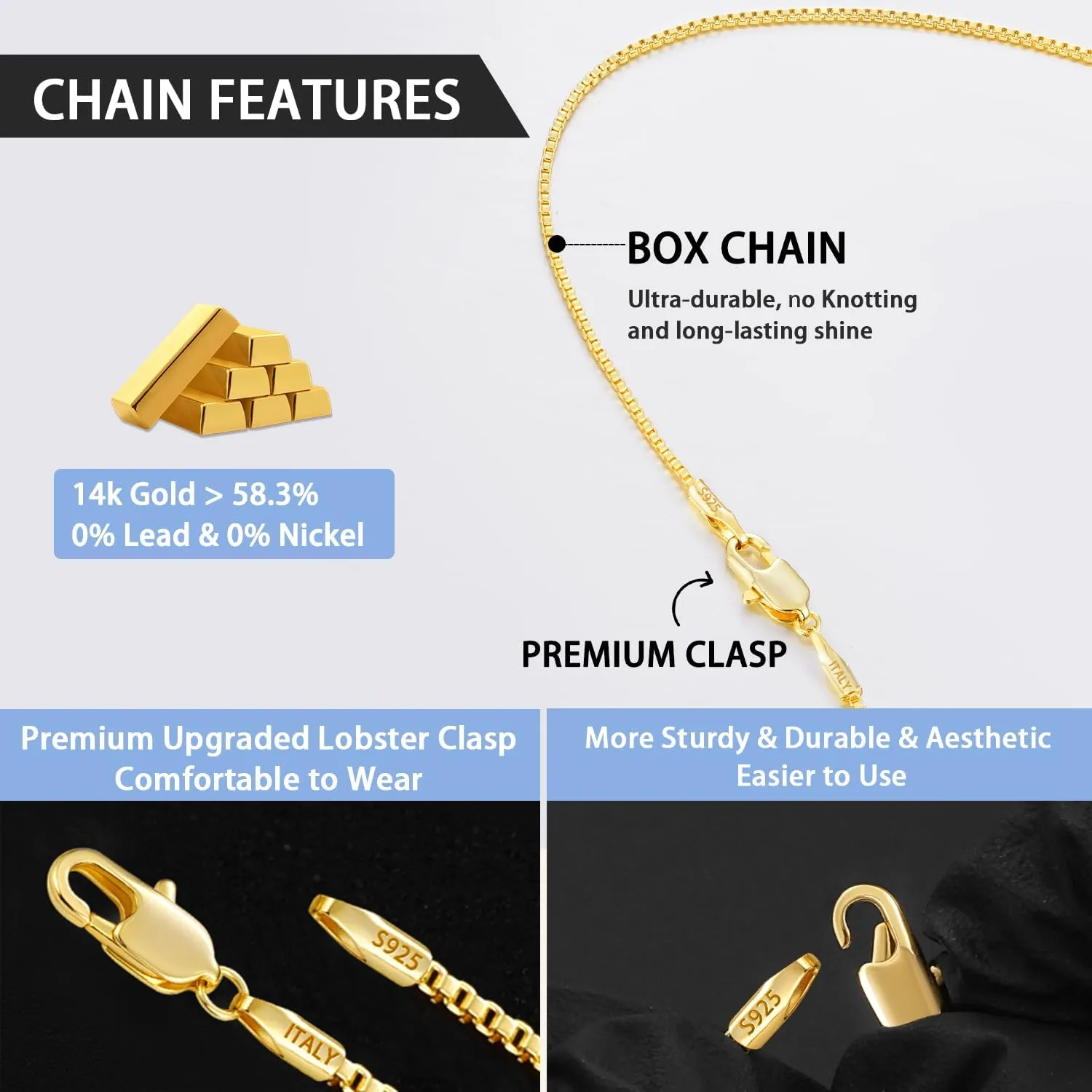 Jewlpire 1mm 1.2mm Box Chain 925 Sterling Silver Chain Necklace for Women, 14K Gold Chain for Women Shiny & Sturdy Women's Chain Necklaces, 14,18, 24 Inch