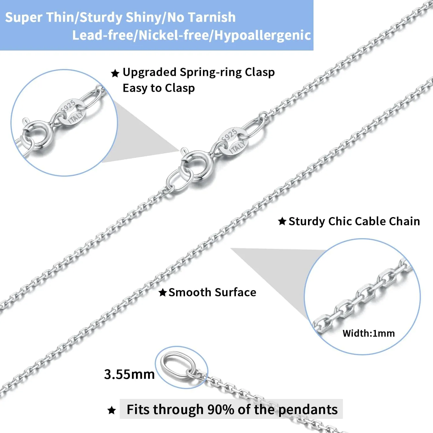 Jewlpire 1MM Italian Ultra Luxury Solid 24K Gold Over 925 Sterling Silver Chain Necklace for Women, Hypoallergenic Cable Chain Sturdy & Shiny & Thin Women's Chain Necklaces 16/18/20/22/24 Inch
