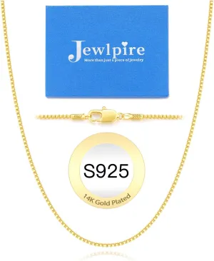 Jewlpire Italian 14K Gold Over 925 Sterling Silver Chain Necklace for Women, 1.1mm 1.3mm Box Chain Sturdy & Shiny Women's Chain Necklaces 14 16 18 20 22 24 26 Inch