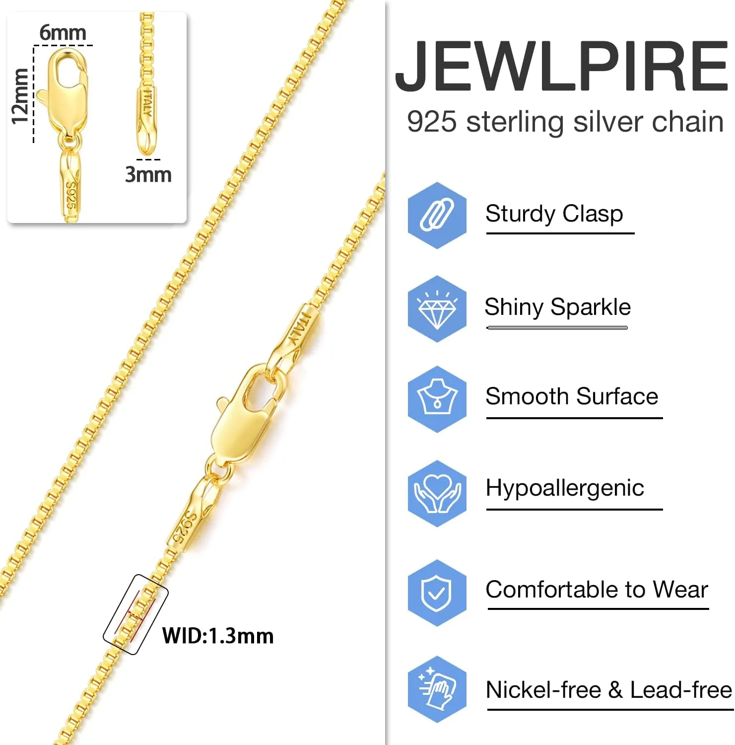 Jewlpire Italian 14K Gold Over 925 Sterling Silver Chain Necklace for Women, 1.1mm 1.3mm Box Chain Sturdy & Shiny Women's Chain Necklaces 14 16 18 20 22 24 26 Inch