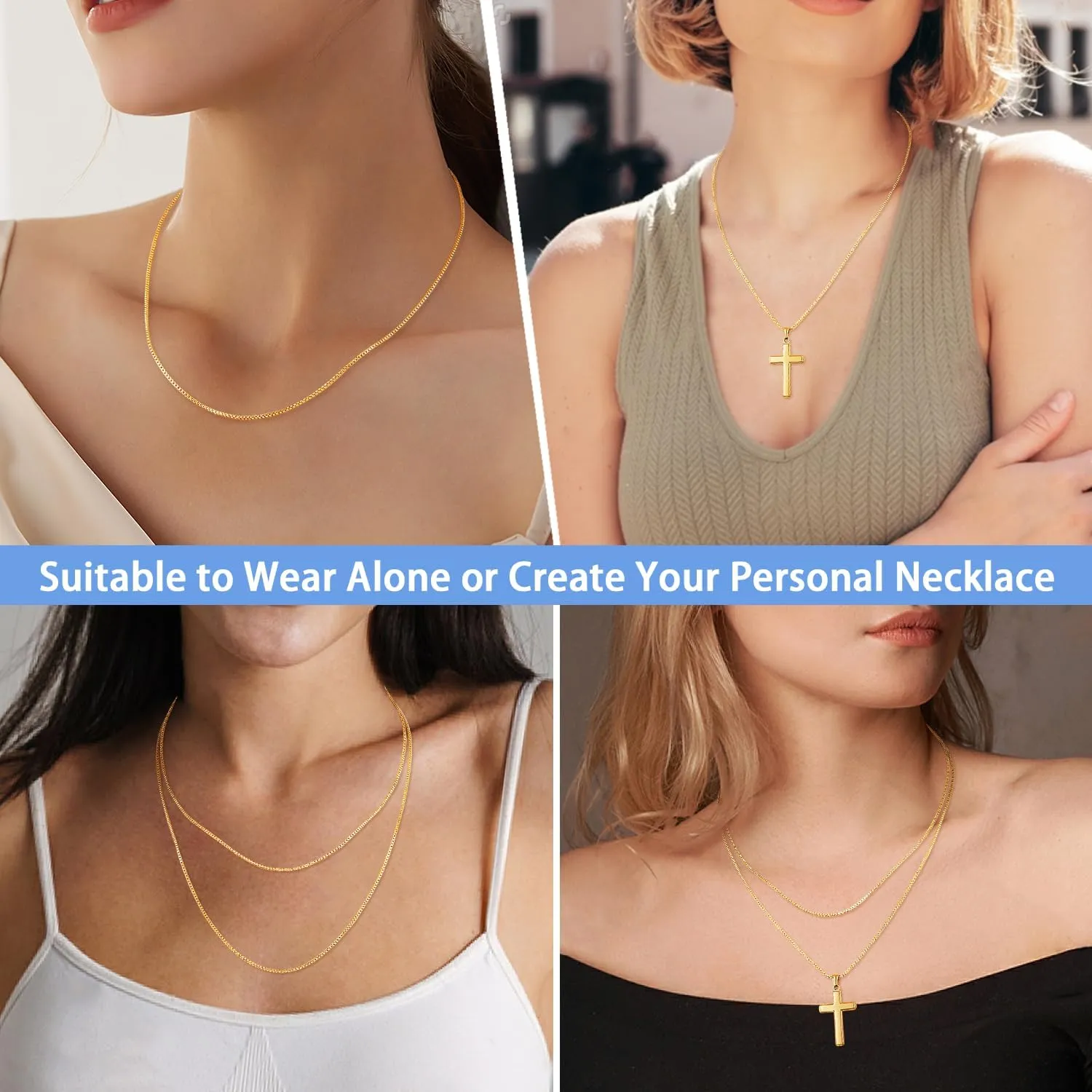 Jewlpire Italian 14K Gold Over 925 Sterling Silver Chain Necklace for Women, 1.1mm 1.3mm Box Chain Sturdy & Shiny Women's Chain Necklaces 14 16 18 20 22 24 26 Inch