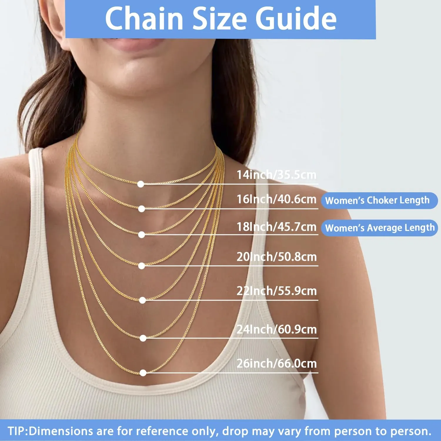 Jewlpire Italian 14K Gold Over 925 Sterling Silver Chain Necklace for Women, 1.1mm 1.3mm Box Chain Sturdy & Shiny Women's Chain Necklaces 14 16 18 20 22 24 26 Inch