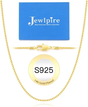 Jewlpire Italian 14K Gold Over 925 Sterling Silver Chain Necklace for Women, 1.1mm 1.3mm Box Chain Sturdy & Shiny Women's Chain Necklaces 14 16 18 20 22 24 26 Inch