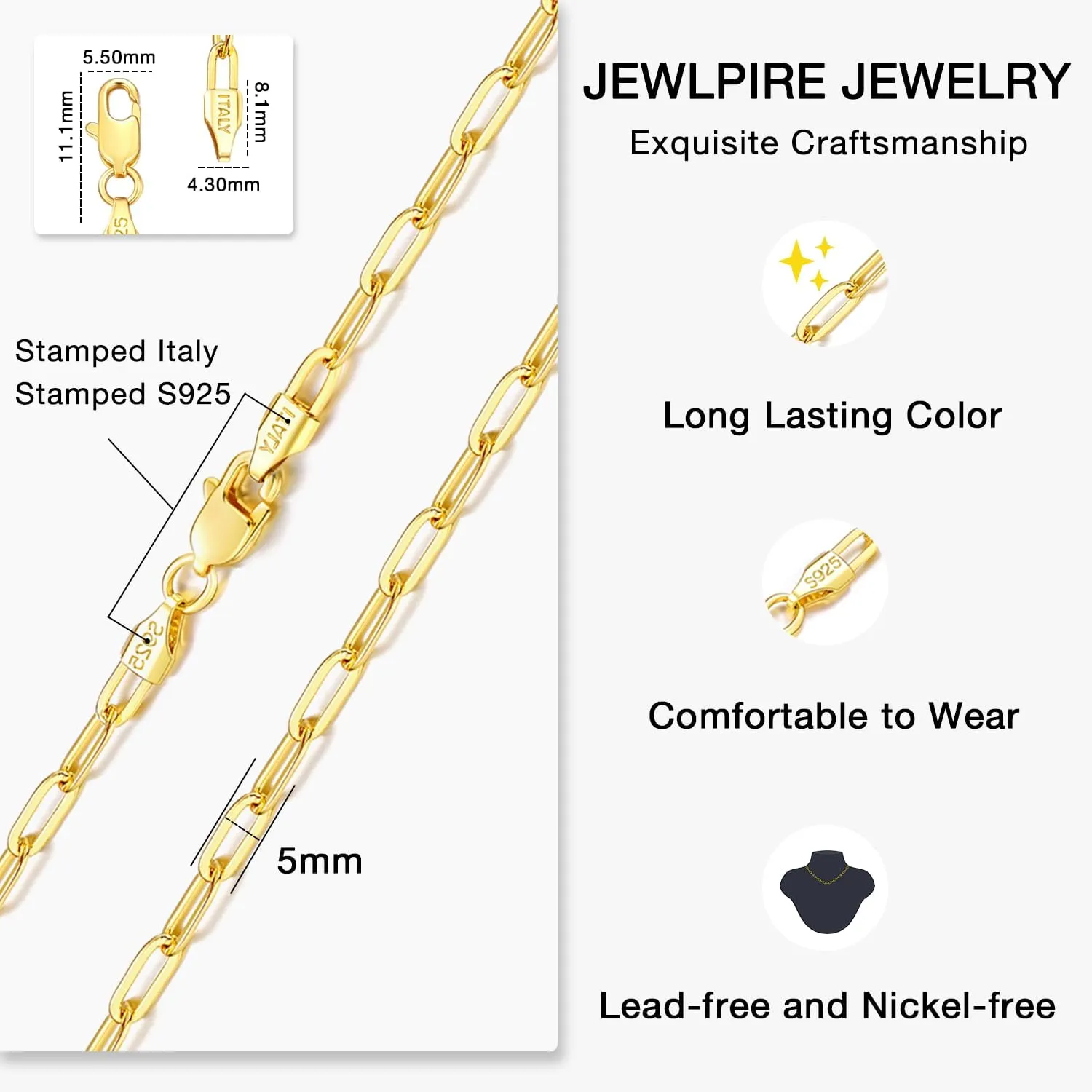 Jewlpire Italian Soild 14K Real Gold Over 925 Sterling Silver Paperclip Chain Necklace for Women, 4mm 5mm Shiny & Sturdy Women's Chain Necklaces 16 18 20 22 24 26 Inch