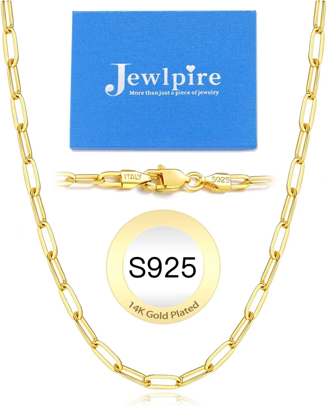 Jewlpire Italian Soild 14K Real Gold Over 925 Sterling Silver Paperclip Chain Necklace for Women, 4mm 5mm Shiny & Sturdy Women's Chain Necklaces 16 18 20 22 24 26 Inch