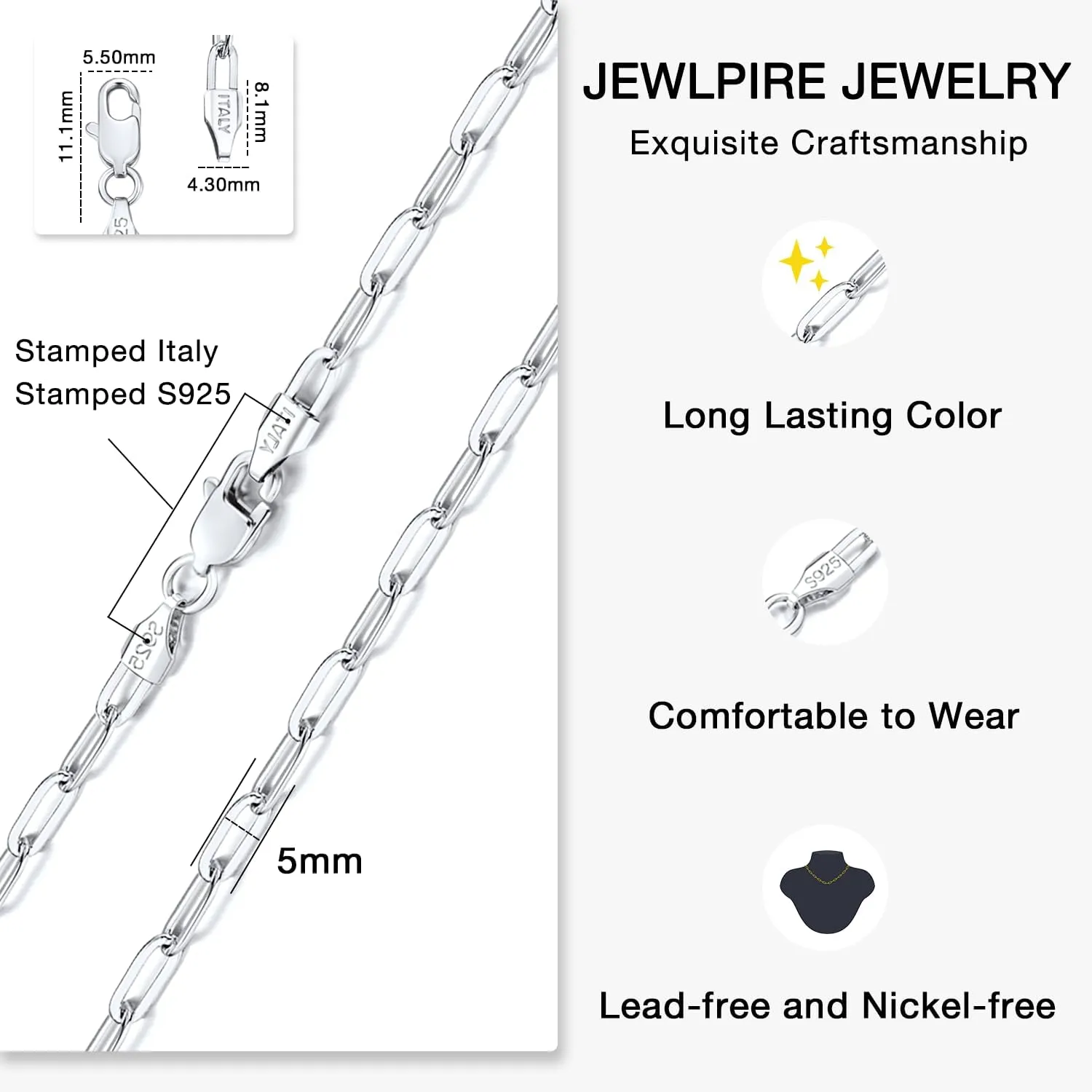 Jewlpire Italian Soild 14K Real Gold Over 925 Sterling Silver Paperclip Chain Necklace for Women, 4mm 5mm Shiny & Sturdy Women's Chain Necklaces 16 18 20 22 24 26 Inch