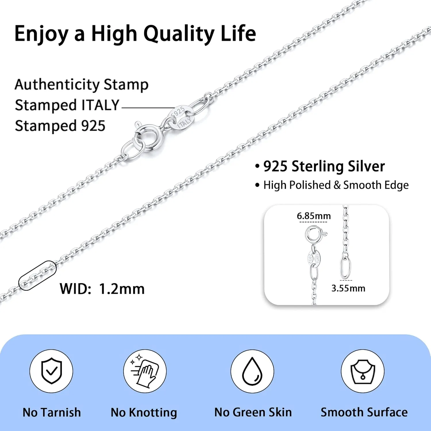 Jewlpire Solid 18k Gold Over 925 Sterling Silver Chain Necklace for Women, 1.2mm Cable Chain Necklace Super Sturdy & Shiny Women's Chain Necklaces 14/16/17/18/20/22/24 Inches