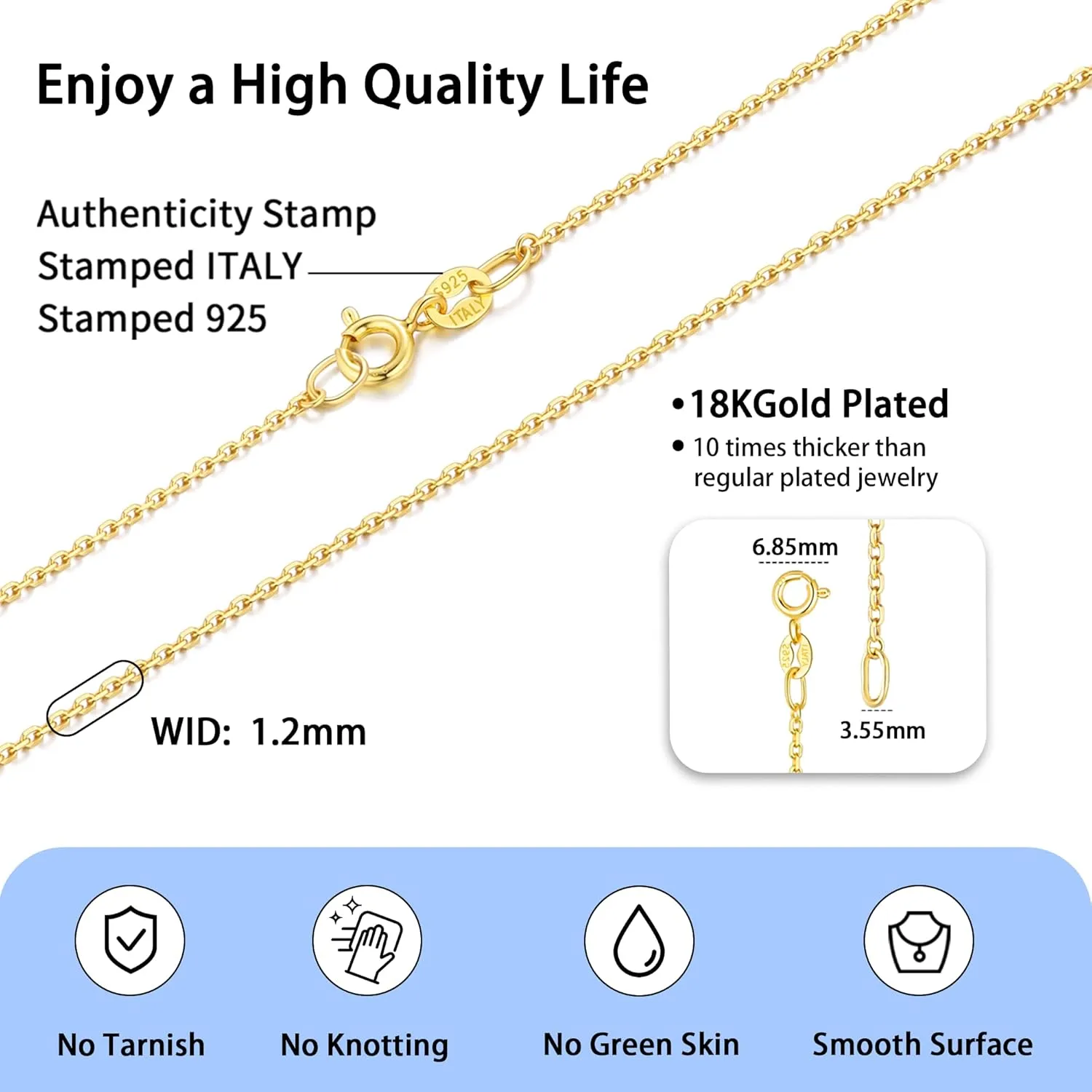 Jewlpire Solid 18k Gold Over 925 Sterling Silver Chain Necklace for Women, 1.2mm Cable Chain Necklace Super Sturdy & Shiny Women's Chain Necklaces 14/16/17/18/20/22/24 Inches