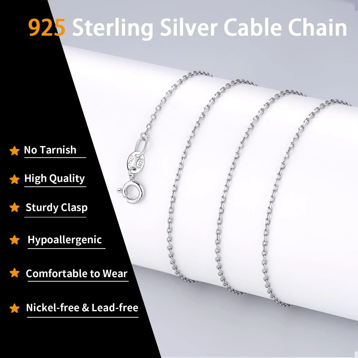 Jewlpire Solid 18k Gold Over 925 Sterling Silver Chain Necklace for Women, 1mm Cable Chain Necklace Sturdy & Shiny Women's Chain Necklaces 14/16/17/18/20/22/24 Inch