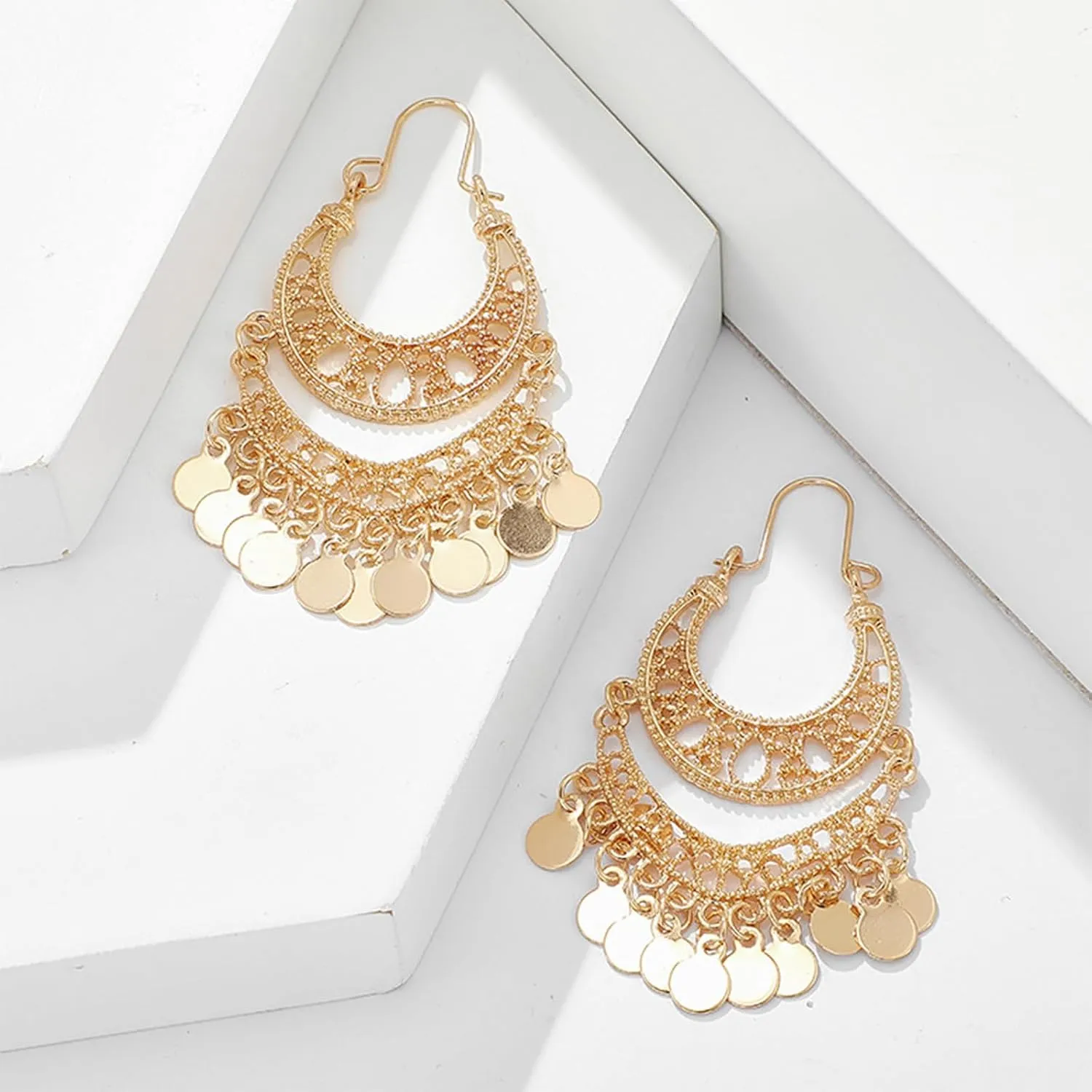 Jhumkas Indian Earrings for Women Gold Chandelier Earrings Boho Drop Earrings Bollywood Hollow Long Dangle Earrings Wedding Party Prom Gold Jewelry Gift