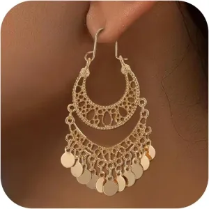 Jhumkas Indian Earrings for Women Gold Chandelier Earrings Boho Drop Earrings Bollywood Hollow Long Dangle Earrings Wedding Party Prom Gold Jewelry Gift