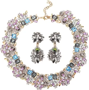 JOERICA Bib Statement Necklace for Women Chunky Choker Necklace and Earrings Set Vintage Rhinestone Statement Necklace Fashion Costume Jewelry for Women