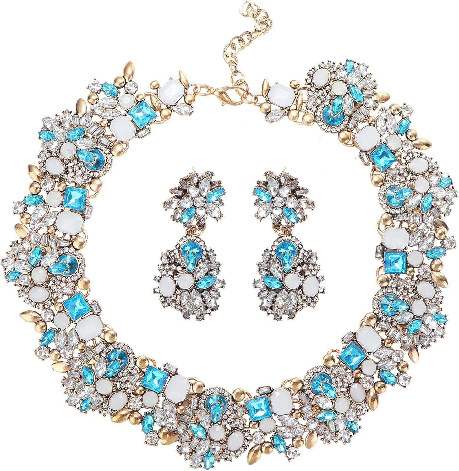JOERICA Bib Statement Necklace for Women Chunky Choker Necklace and Earrings Set Vintage Rhinestone Statement Necklace Fashion Costume Jewelry for Women