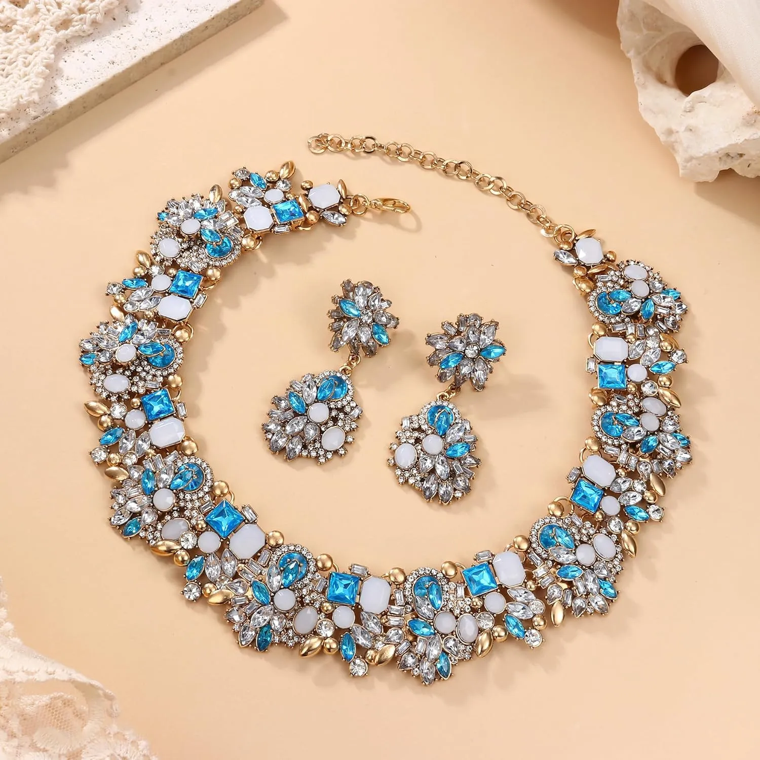 JOERICA Bib Statement Necklace for Women Chunky Choker Necklace and Earrings Set Vintage Rhinestone Statement Necklace Fashion Costume Jewelry for Women