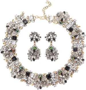 JOERICA Bib Statement Necklace for Women Chunky Choker Necklace and Earrings Set Vintage Rhinestone Statement Necklace Fashion Costume Jewelry for Women