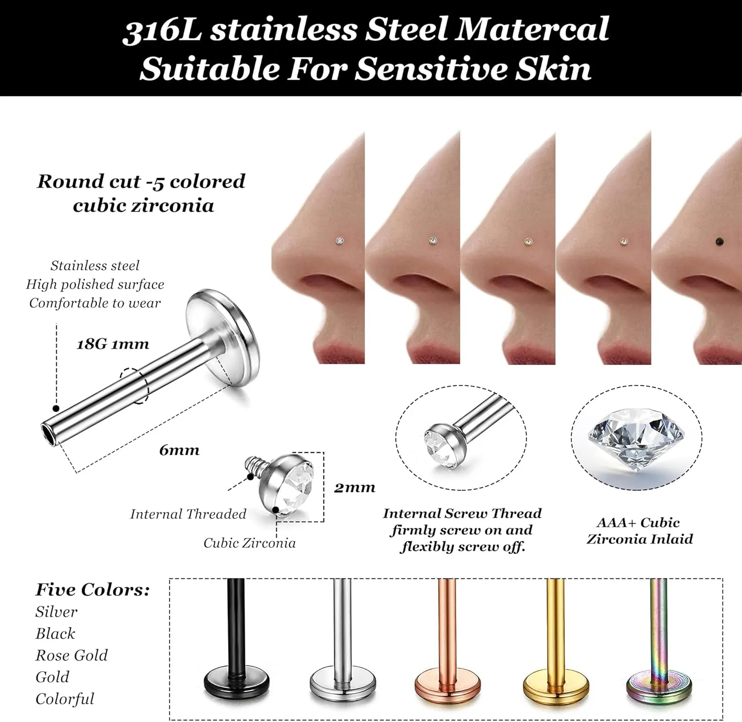 Kakonia 18 Gauge Nose Ring,Surgical Steel Nose Studs Tiny Nose Rings for Women CZ Nose Piercings Flat Back Cartilage Earring Lip Rings Internally Threaded Nose Stud Labret Tragus Piercing Jewelry