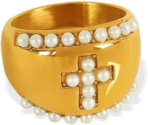 Kokoma Cross Chunky Ring for Women Men Pearl Cross Dome Blod Statement Ring Thick Finger Bands Stacking Rings Thumb Band Fashion Jewlery