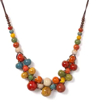 KURTCB Boho Hippie Ceramic Beaded Necklace for Women Statement Chunky Bohemian Colorful Beads Strand Summer Beach Necklace