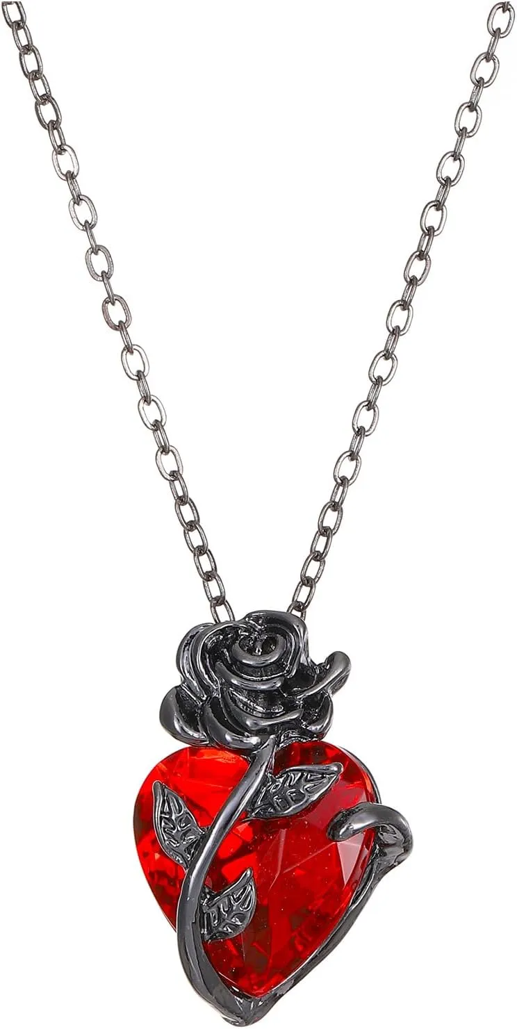 KURTCB Gothic Rose Heart Pendant Necklace Goth Emo Grunge Black Rose Necklace for Women Men