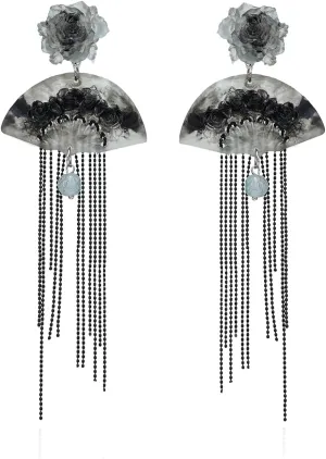 Large Black Rose Fan Tassel Resin Dangling Earrings for Women Sector Aesthetic Earrings Cheongsam Antique Cool Chinese Japanese Vintage Long Sterling Silver Stud Statement Pretty Jewelry