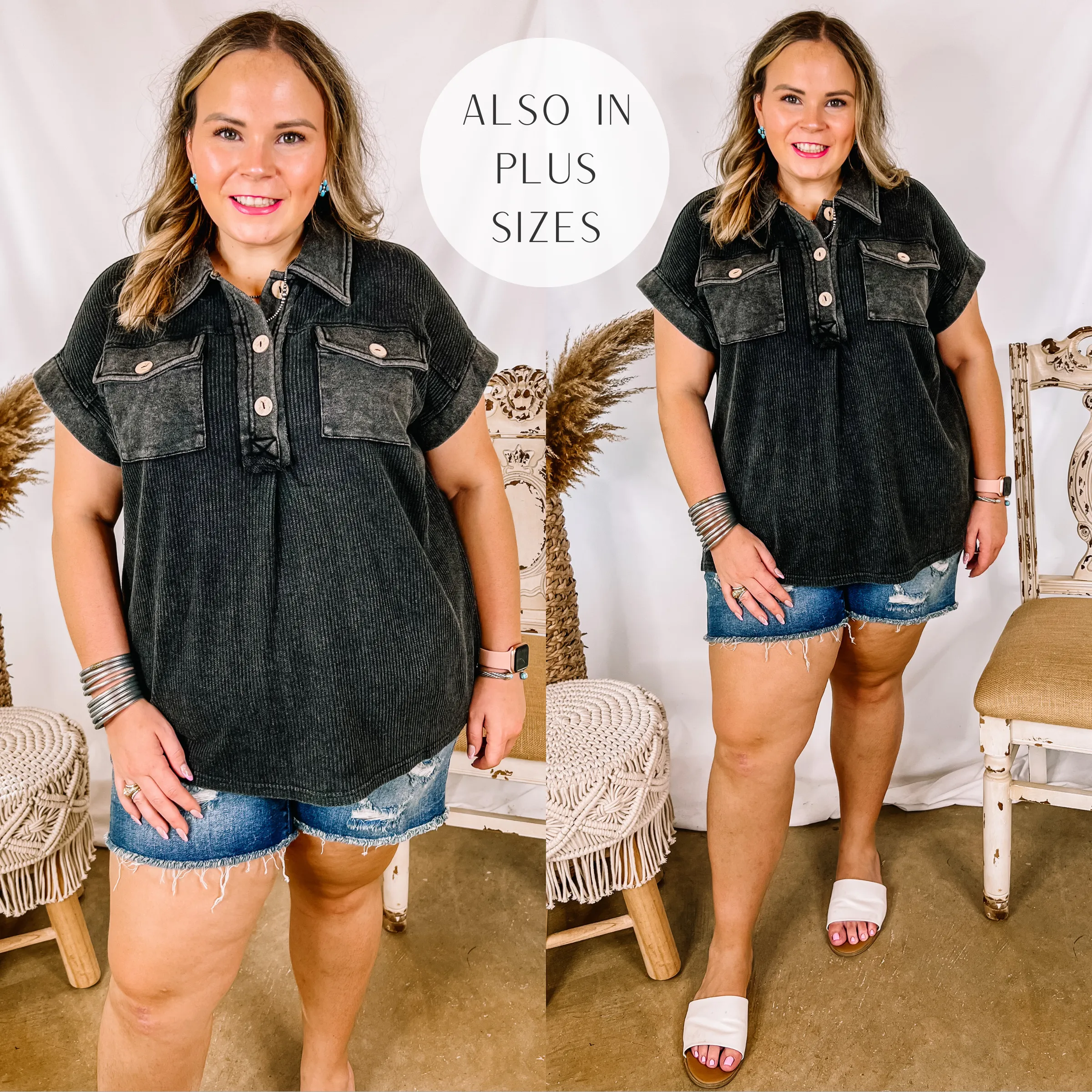 Last Chance Size 3XL | Vibe Check Waffle Knit Collared Top in Black