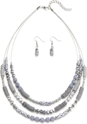 Layered Silver Beaded Necklace for Women Square Crystal Beads Statement Collar Necklace and Earrings Fashion Costumes Jewelry Sets for Women