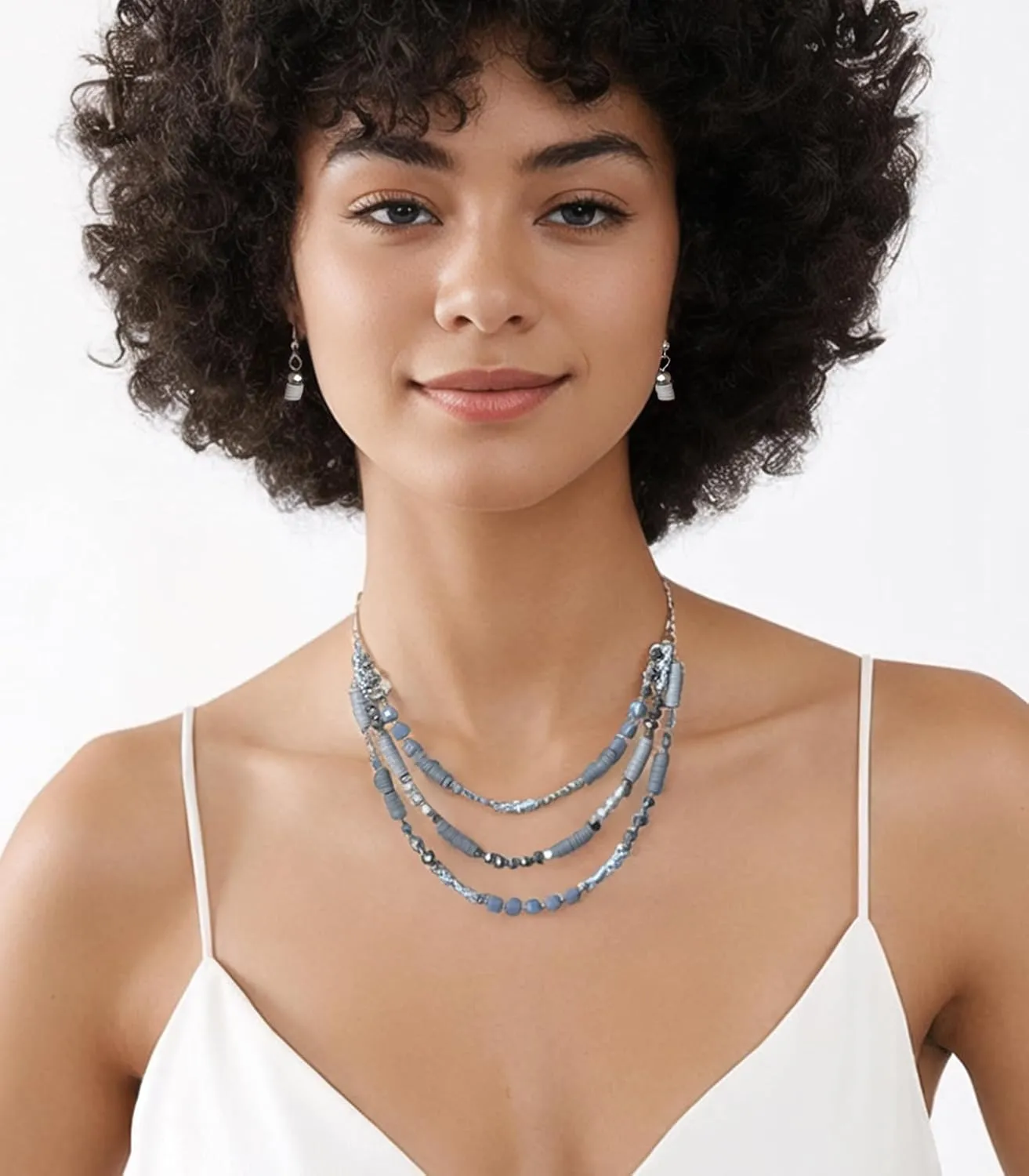 Layered Silver Beaded Necklace for Women Square Crystal Beads Statement Collar Necklace and Earrings Fashion Costumes Jewelry Sets for Women