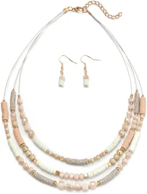 Layered Silver Beaded Necklace for Women Square Crystal Beads Statement Collar Necklace and Earrings Fashion Costumes Jewelry Sets for Women