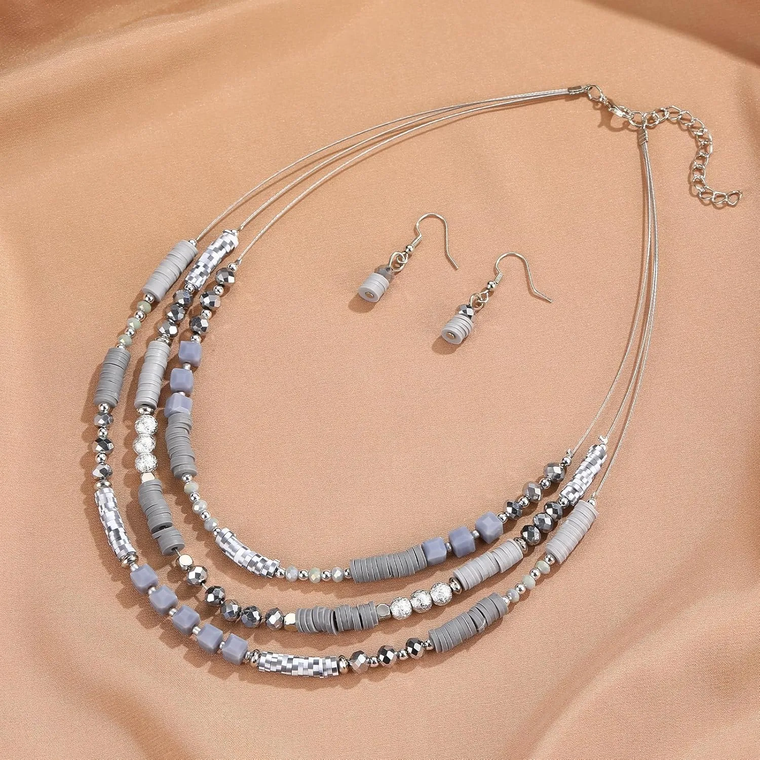 Layered Silver Beaded Necklace for Women Square Crystal Beads Statement Collar Necklace and Earrings Fashion Costumes Jewelry Sets for Women